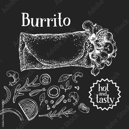 Hand drawn burrito banner. Vector fast food illustrations on chalk board. Retro junk food background