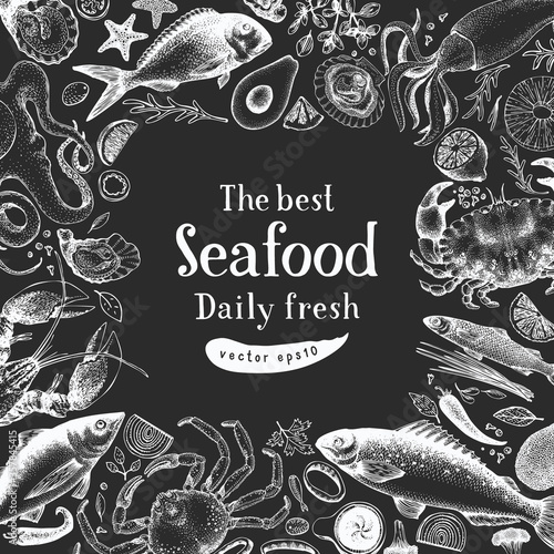 Hand drawn seafood design template. Vector crabsfishes and oystrers illustrations on chalk board. Retro marine background