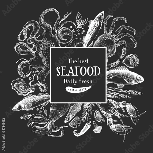 Hand drawn seafood design template. Vector crabsfishes and oystrers illustrations on chalk board. Retro marine background