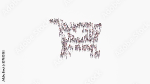 3d rendering of crowd of people in shape of symbol of cart arrow down on white background isolated
