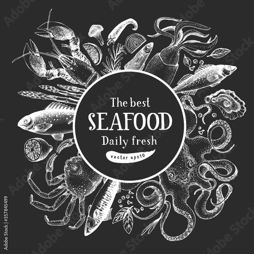 Hand drawn seafood design template. Vector crabsfishes and oystrers illustrations on chalk board. Retro marine background