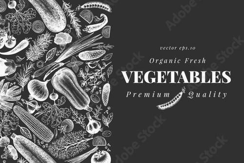 Hand drawn vegetables design template. Vector veggie illustrations on chalk board. Retro food background