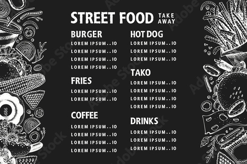 Hand drawn street food banner. Vector fast food illustrations on chalk board. Retro junk food background