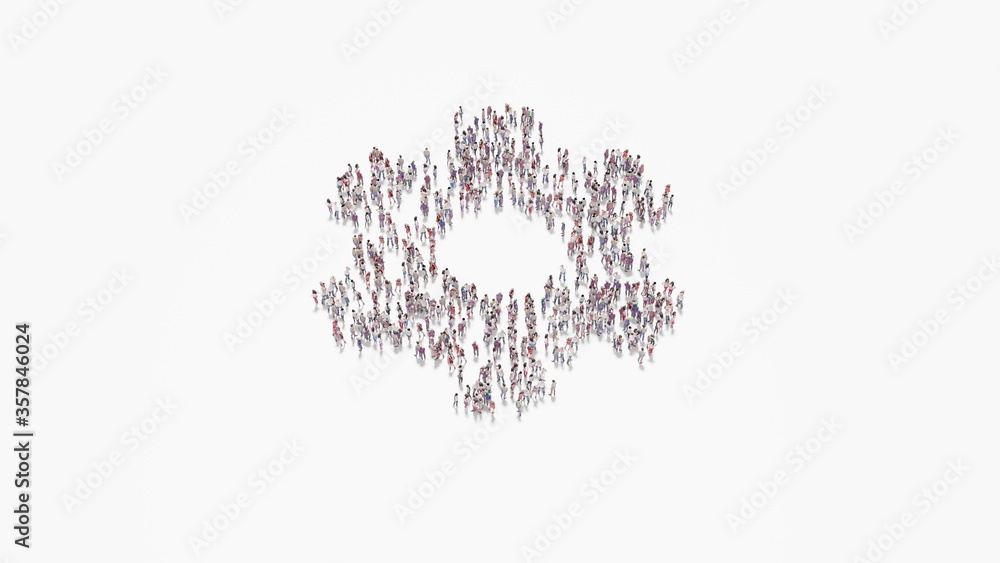 3d rendering of crowd of people in shape of symbol of cogwheel on white background isolated