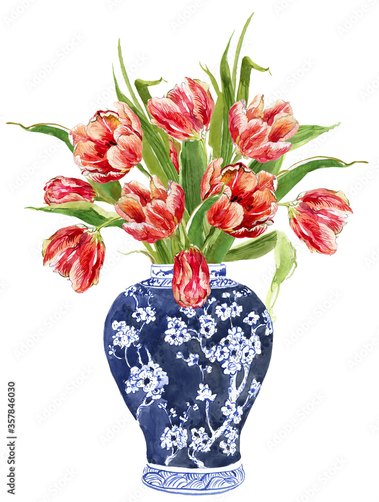 custom made wallpaper toronto digitalWatercolor vase with Tulips, Cobalt blue vase with flowers