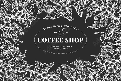Hand drawn coffee design template. Vector coffee plants illustrations on chalk board. Retro natural coffee background