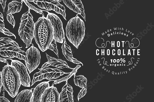 Hand drawn cocoa design template. Vector cacao plants illustrations on chalk board. Retro natural chocolate background