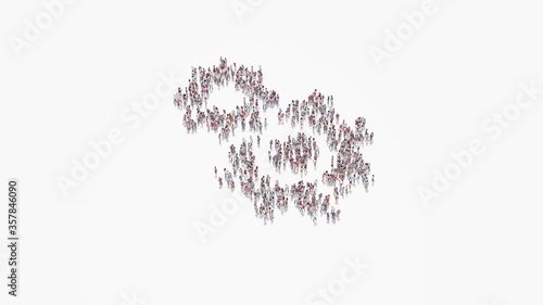 3d rendering of crowd of people in shape of symbol of cogwheel on white background isolated