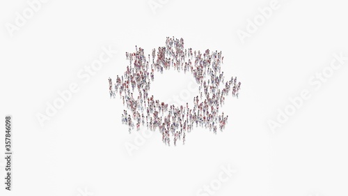 3d rendering of crowd of people in shape of symbol of cogwheel on white background isolated