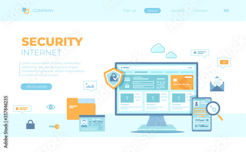 Internet Security. User’s personal data protection, safety confidentiality, safe network. Password request. Monitor and phone with shield and lock. Can use for web banner, landing page, web template.