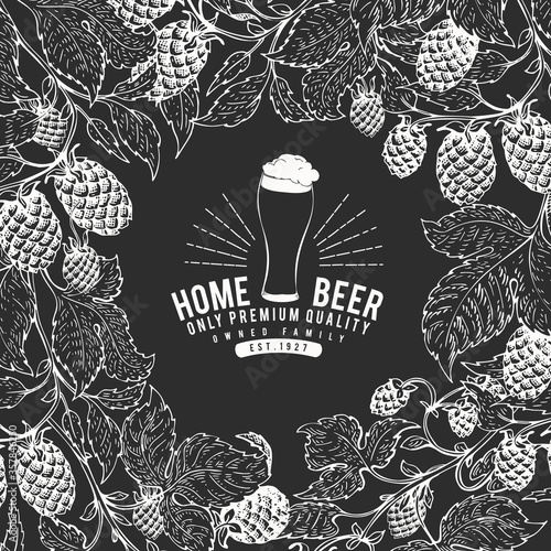 Hand drawn beer design template. Vector brewery illustrations on chalk board. Retro hop background