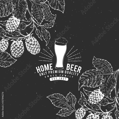 Hand drawn beer design template. Vector brewery illustrations on chalk board. Retro hop background