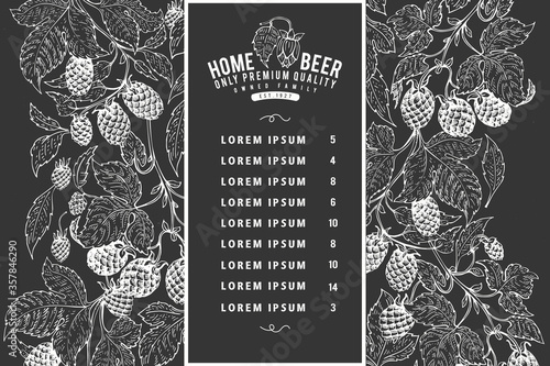 Hand drawn beer design template. Vector brewery illustrations on chalk board. Retro hop background