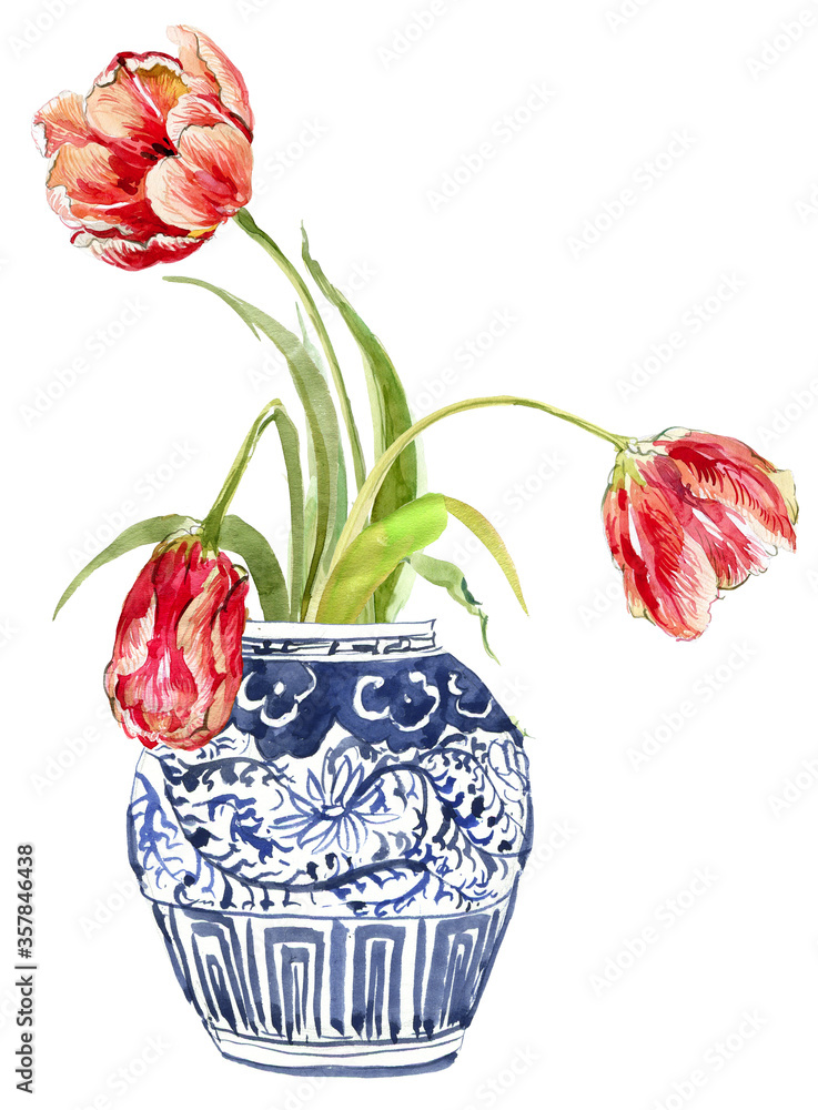custom made wallpaper toronto digitalWatercolor vase with Tulips, Cobalt blue vase with flowers