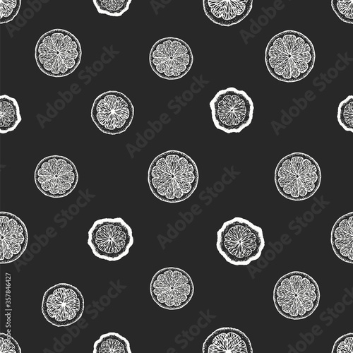 Hand drawn citrus seamless pattern. Vector oranges and lemons illustrations on chalk board. Retro fruit background