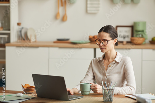 Portrait of elegant young woman drinking coffee while using laptop at cozy home office workplace  copy space
