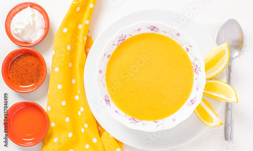 Healthy food. Plate with lentil soup food. Vegetarian pumpkin soup.