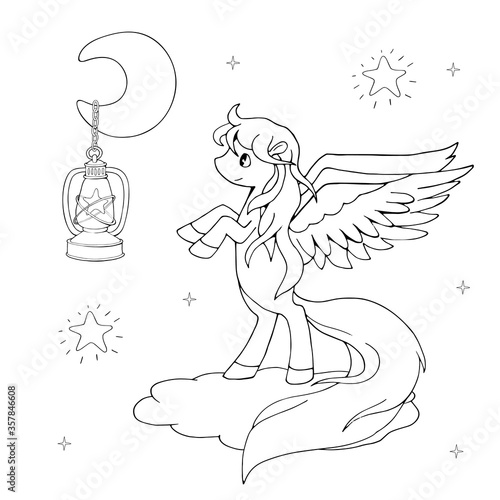 Cute cartoon pegasus standing on the cloud and watching the moon. White and black vector illustrations for coloring book. Decor elements for kids products.