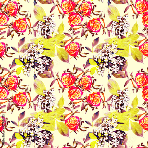 Roses with elder flowers, seamless pattern.