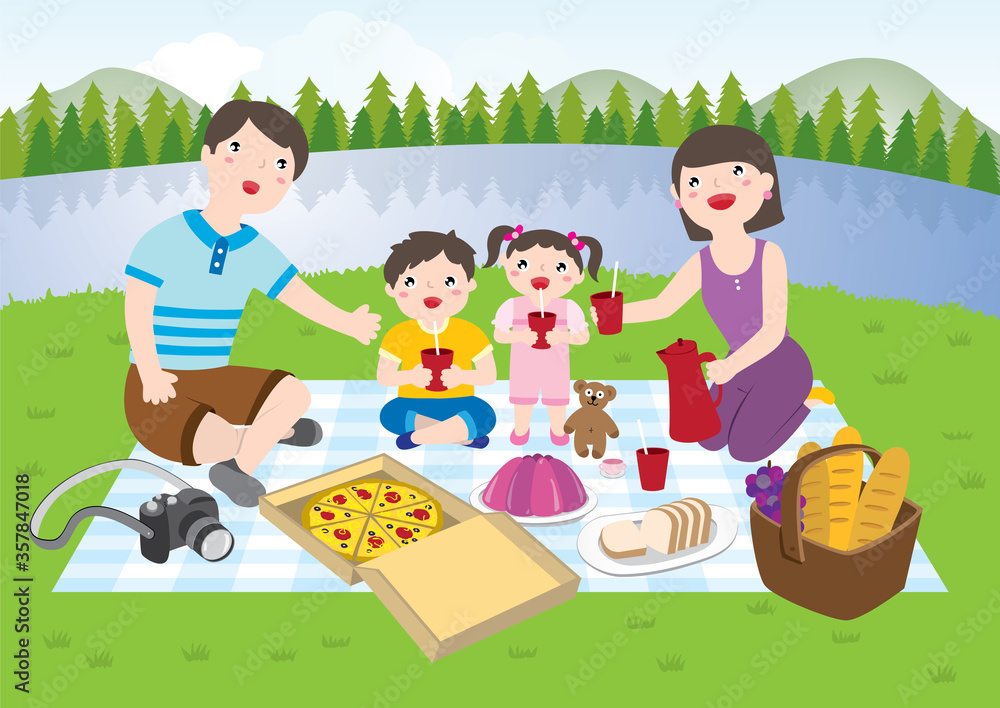 Vetor de Family Having Picnic In The Park. Vector Cartoon Illustration. do  Stock | Adobe Stock