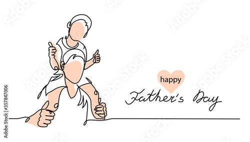 Happy Fathers day vector background, web banner, poster. Dad carries kid on his shoulders. One continuous line drawing with lettering Fathers day and heart. photo