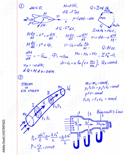 The calculation of the trajectory of a missile. Physics mathematical formula equation, doodle handwriting icon in workbook background with hand drawn model, create by vector. Retro notebook page.