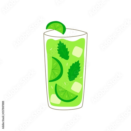 Mojito in a glass with slices of lime, mint leaves and ice cubes. Summer drink. Colorful vector illustration on a white background