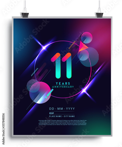 11th Years Anniversary Logo with Colorful Abstract Geometric background, Vector Design Template Elements for Invitation Card and Poster Your Birthday Celebration.