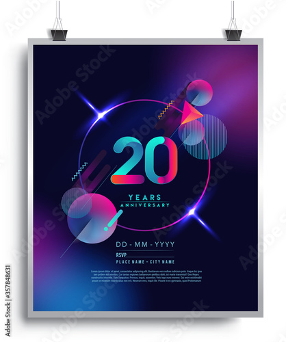 20th Years Anniversary Logo with Colorful Abstract Geometric background, Vector Design Template Elements for Invitation Card and Poster Your Birthday Celebration.