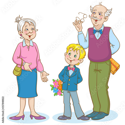 Grandfather and grandson congratulate dear grandmother.  In cartoon style. Isolated on white background. Vector illustration.