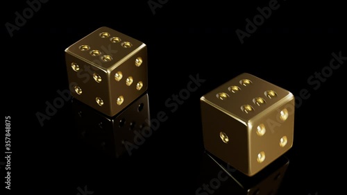 Two golden dices are falling and rolling on a black reflective table surface.  Two six. Casino concept. Online gambling. Luxury item. 3D realistic rendering.