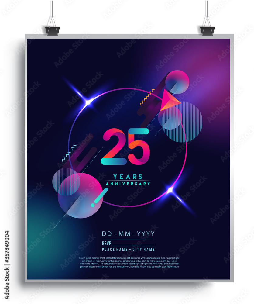25th Years Anniversary Logo with Colorful Abstract Geometric background, Vector Design Template Elements for Invitation Card and Poster Your Birthday Celebration.