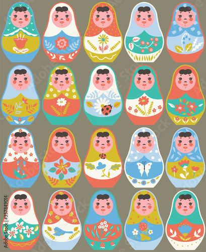 Set of nesting dolls on a gray background. Vector graphics.