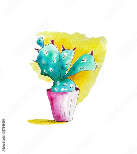 watercolor cactus in a pink pot on a yellow background