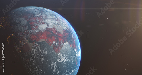 Image of Planet Earth from space. 3D Map of Covid-19 Coronavirus pandemic spread. stars and sun in background.