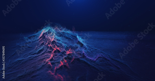 Abstract particles space mountain with lava and stars background.