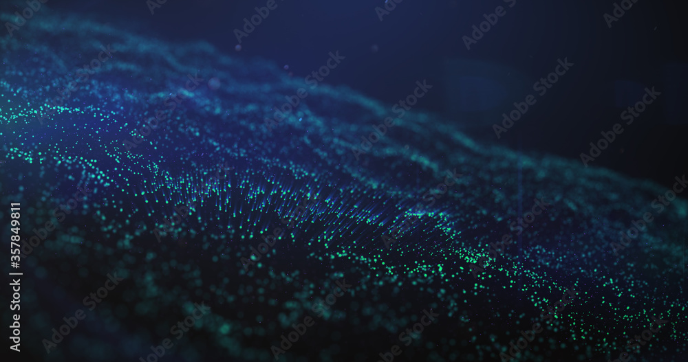 Abstract blue particle ocean waves background.