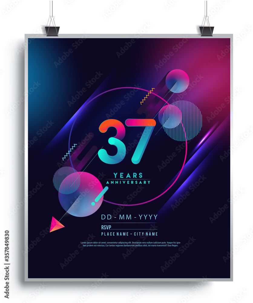 37th Years Anniversary Logo with Colorful Abstract Geometric background, Vector Design Template Elements for Invitation Card and Poster Your Birthday Celebration.