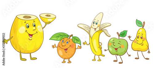 Fruts in cartoon style. Melon, apricot, banana, apple and pear. Isolated on white background. Vector illustration.