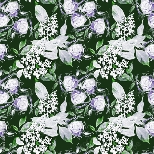 Roses with elder flowers, seamless pattern.