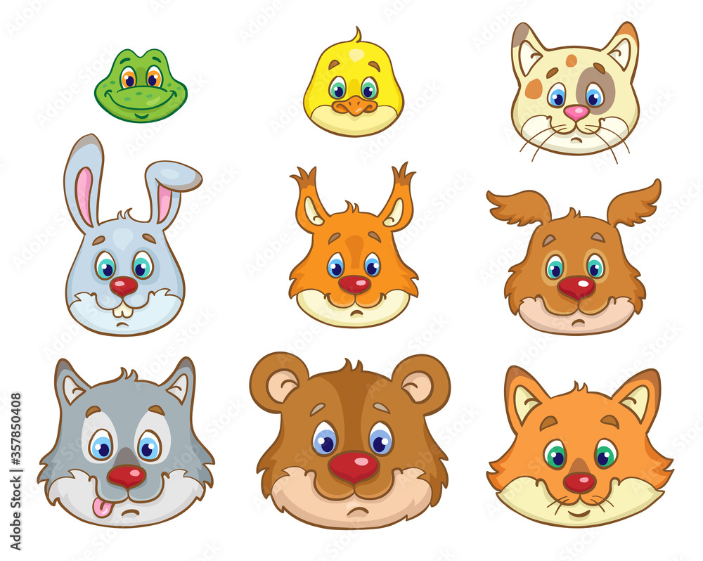 Faces of cute little animals. In cartoon style. Isolated on white background. Vector illustration. Faces of cute little animals. In cartoon style. Isolated on white background. Vector illustration.