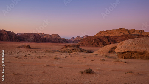 Beautiful sunset overlooking the mountains in the Wadi Rum desert in Jordan