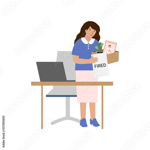 Fired young woman standing and packing the box with her stuff. Sad employee leaving her workplace. Vector illustration in flat style isolated on white background with unemployment concept 