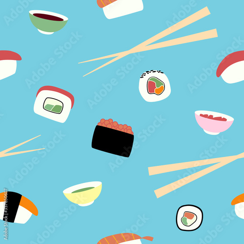 Seamless pattern with seafood sushi and rolls. Different types of japanese food with shopsticks soy sauce wasabi and ginger. Vector print in flat style on blue background