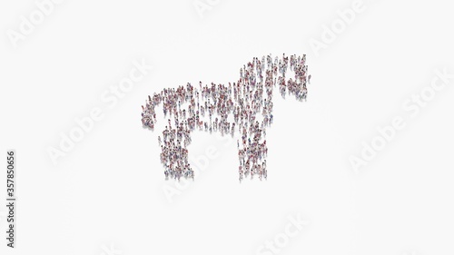 3d rendering of crowd of people in shape of symbol of horse on white background isolated