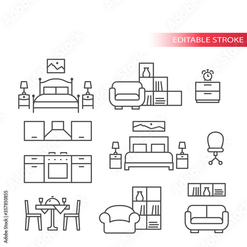 Furniture interior home design thin line icon set. Living room, bedroom, kitchen icons, outline, editable stroke.