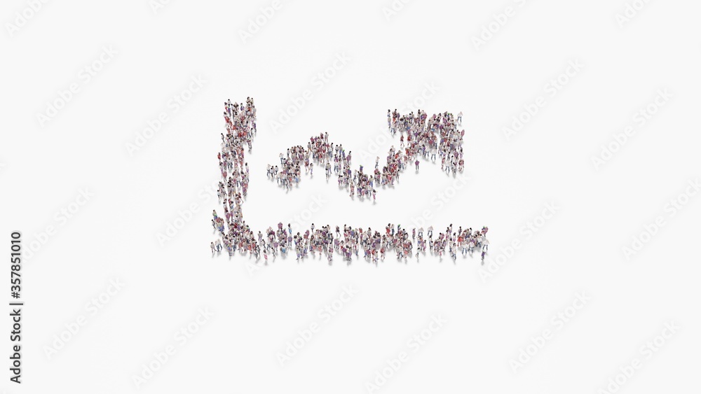 3d rendering of crowd of people in shape of symbol of chart line on white background isolated
