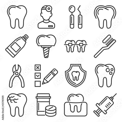 Dental Icons Set on White Background. Line Style Vector