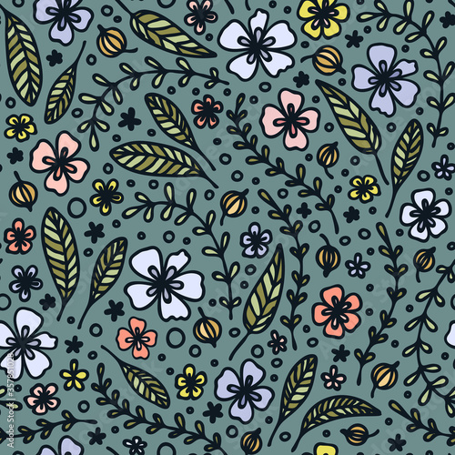 Wallpaper Mural Hand draw stylized leaves, branches, flowers and berries on grey-blue background. Doodle style backdrop. Colored vector seamless pattern for textile, wrapping paper, flat design. Torontodigital.ca