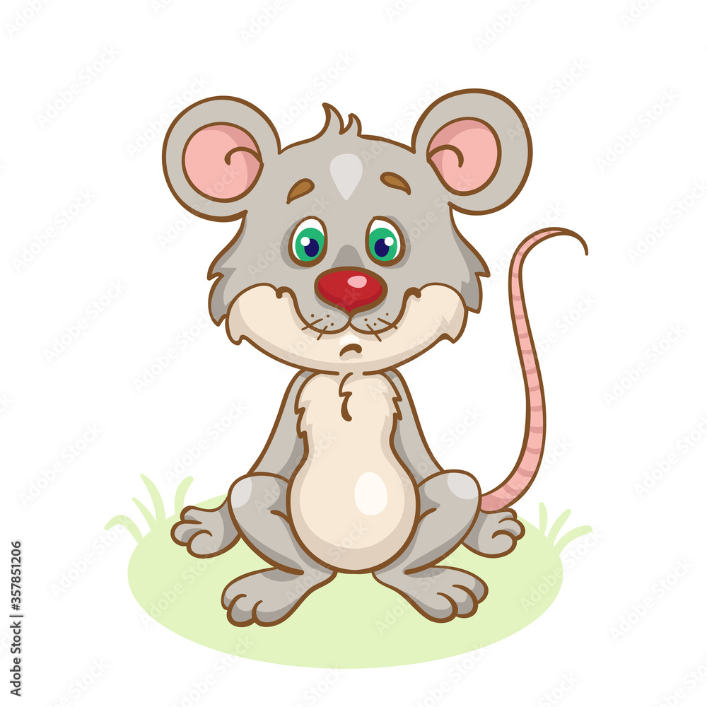 Little funny gray mouse sits on the grass. In cartoon style. Isolated on white background. Vector illustration. Little funny gray mouse sits on the grass. In cartoon style. Isolated on white background. Vector illustration.